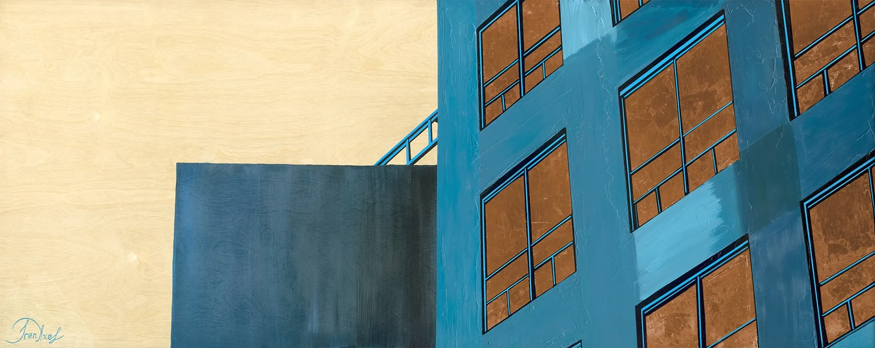 The print: a blue building with copper-leaf windows and a rooftop railing, rising beside a dark block, on a pale birch-wood ground