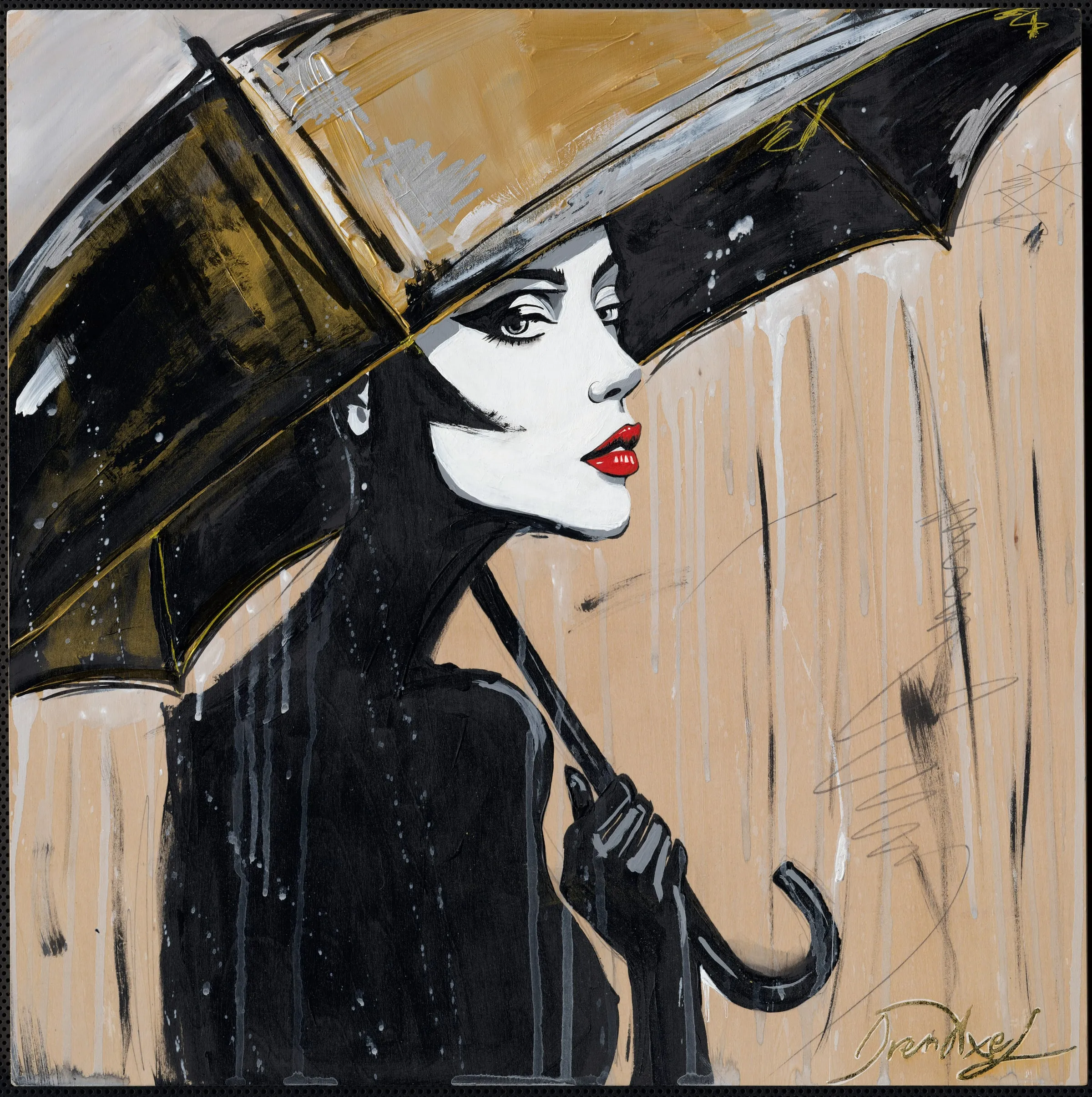 Scan of the painting: a woman with red lips glancing back from beneath a black umbrella, in black, white and gold