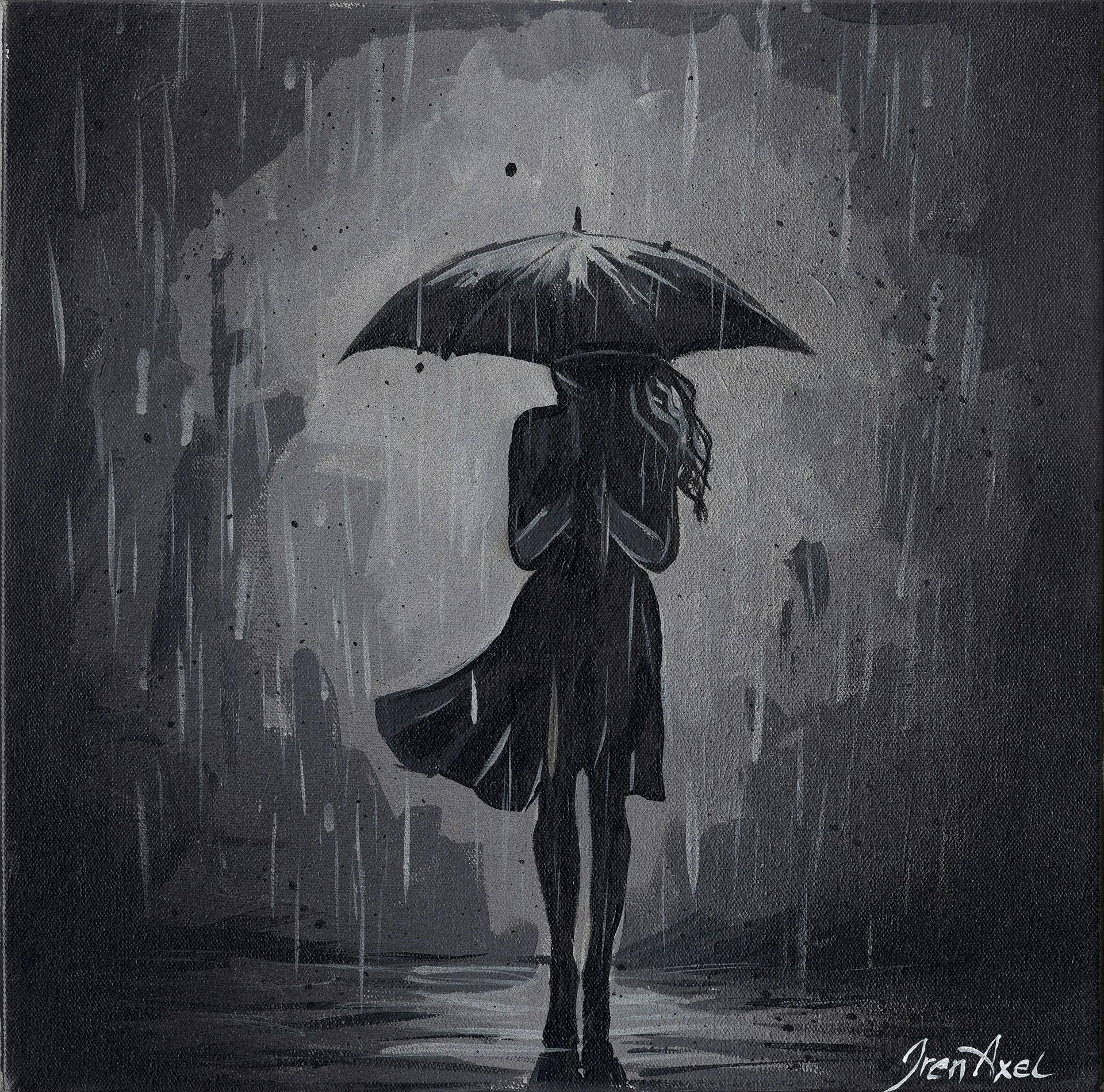 The painting photographed flat: monochrome figure of a woman under an umbrella in the rain