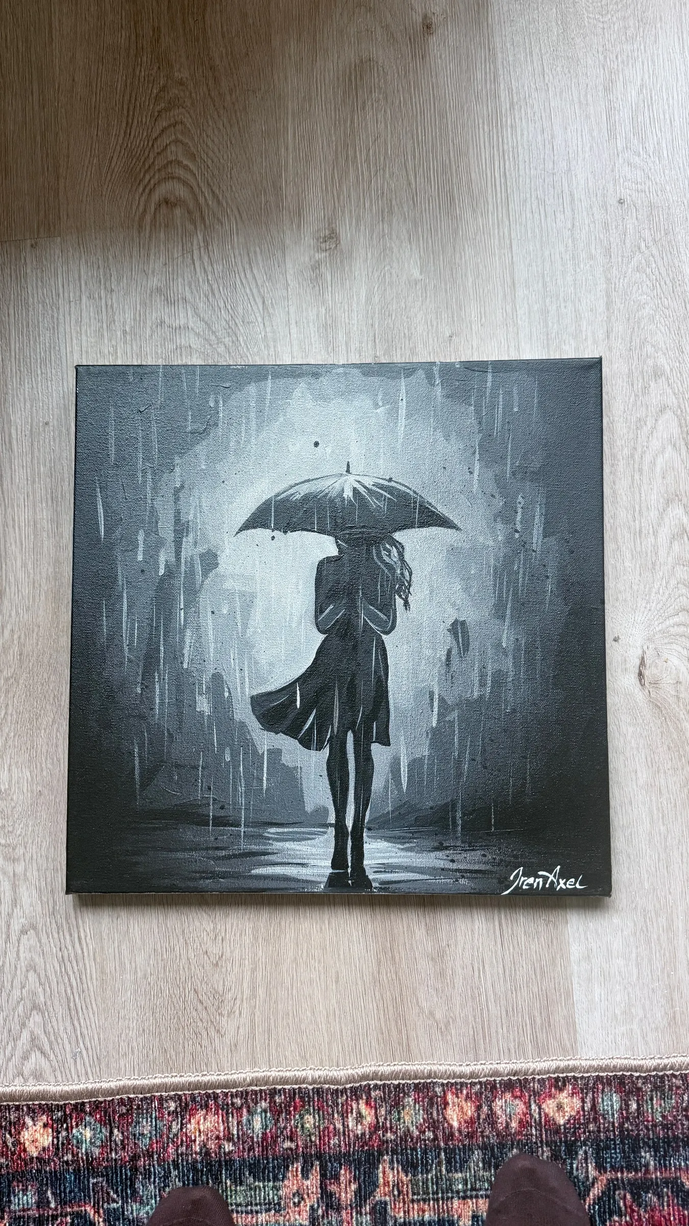 Woman In The Storm — monochrome painting of a woman under an umbrella in the rain