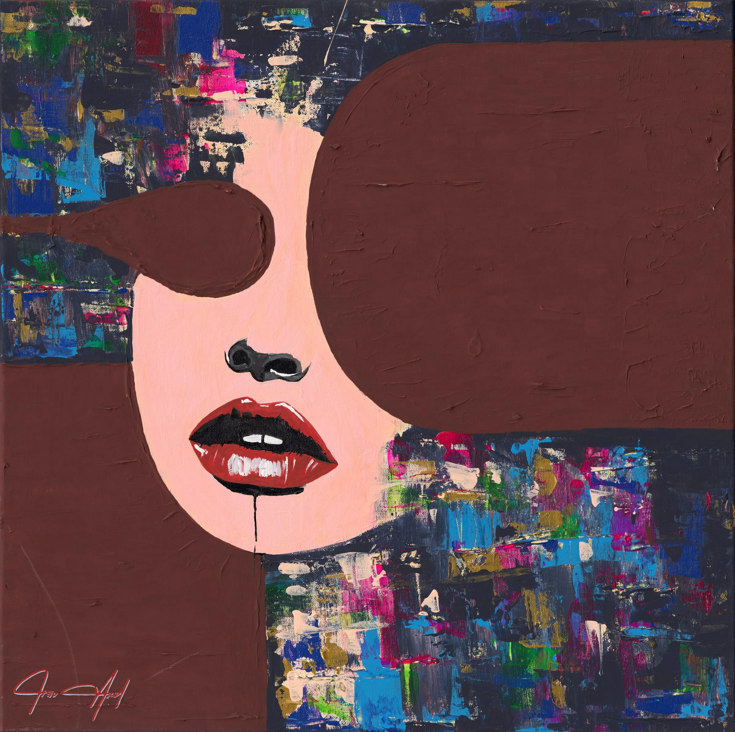 Scan of the painting: a pale pink face with glossy red lips and a single drip, hair as one chocolate-brown shape, on a dark ground broken by patches of blue, magenta, green and gold