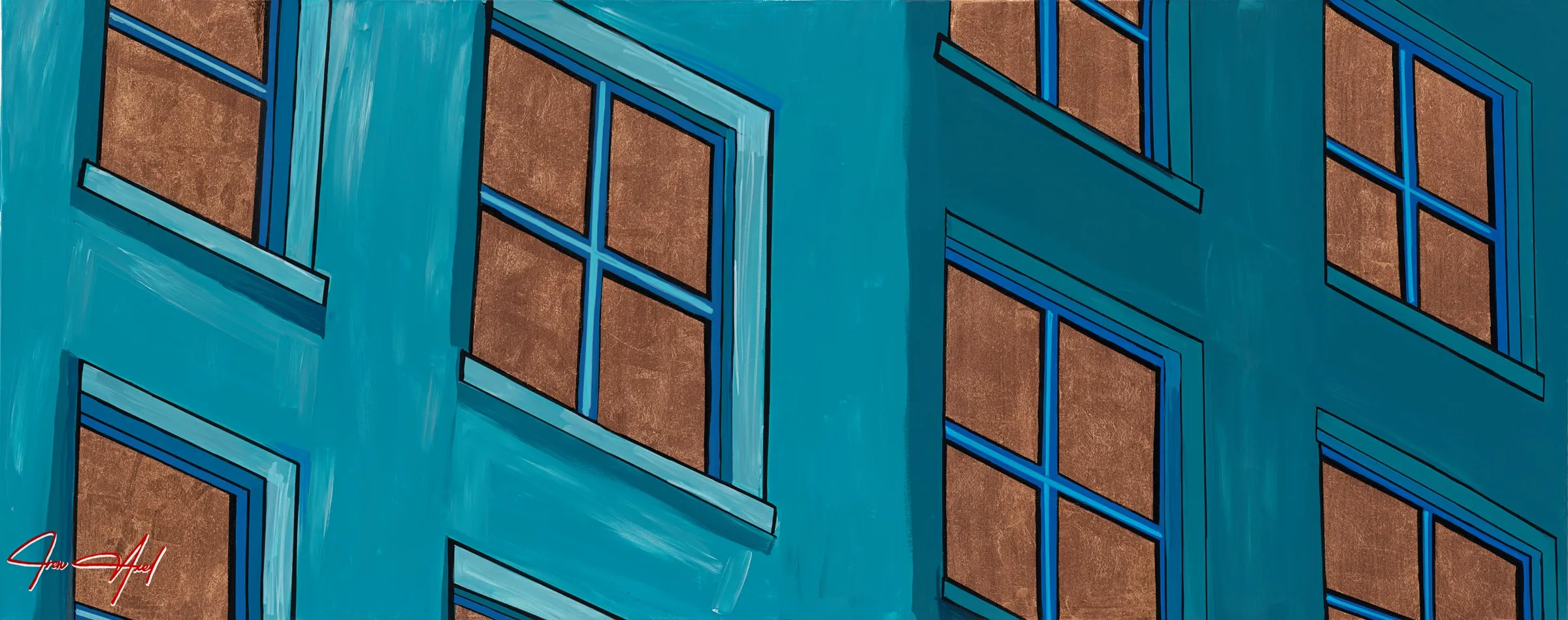 Scan of the painting: a teal building facade seen from below, its blue-framed windows filled with copper-toned metal leaf, on a wide panel